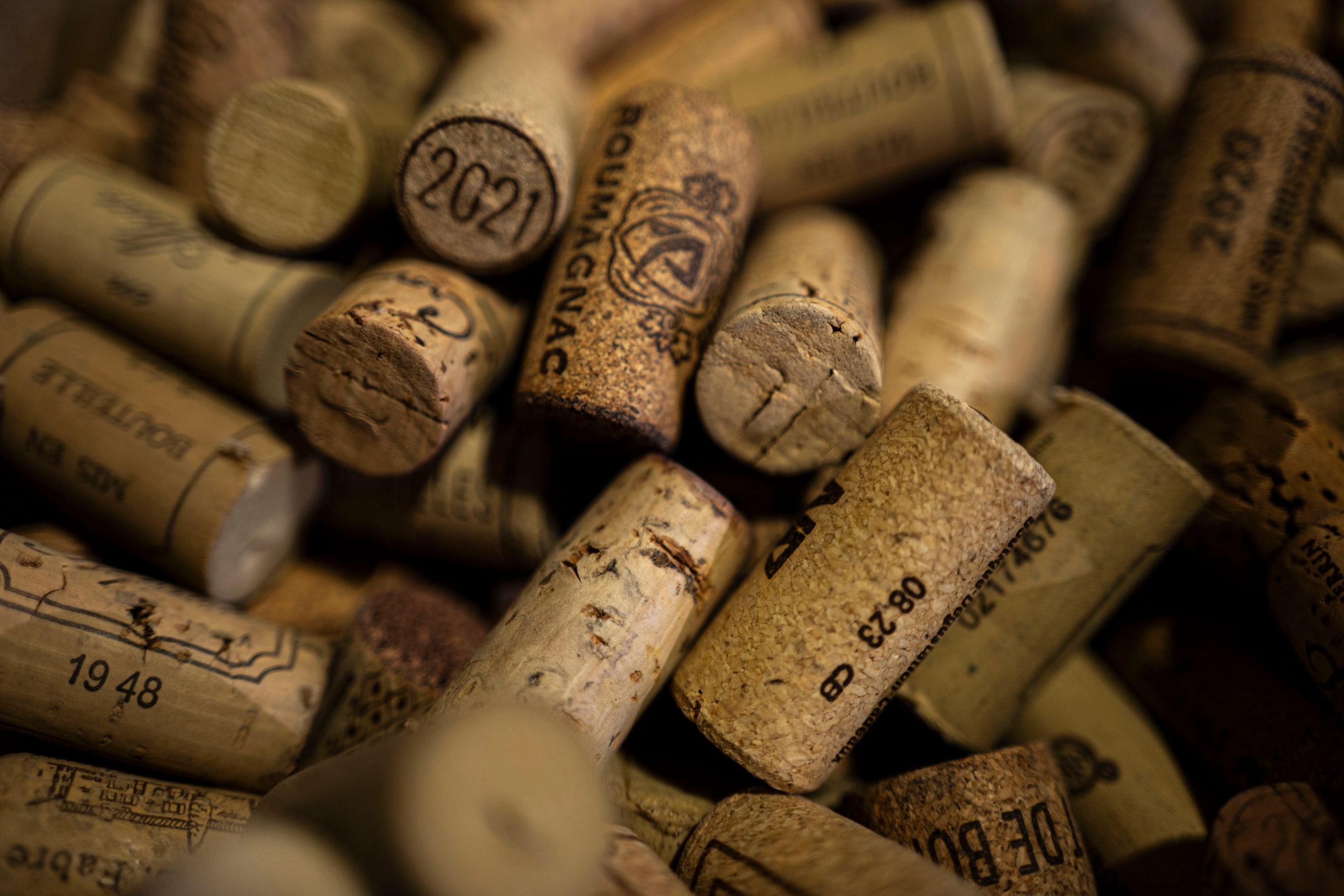 A detailed close-up of various wine corks, showcasing different vintages and textures.